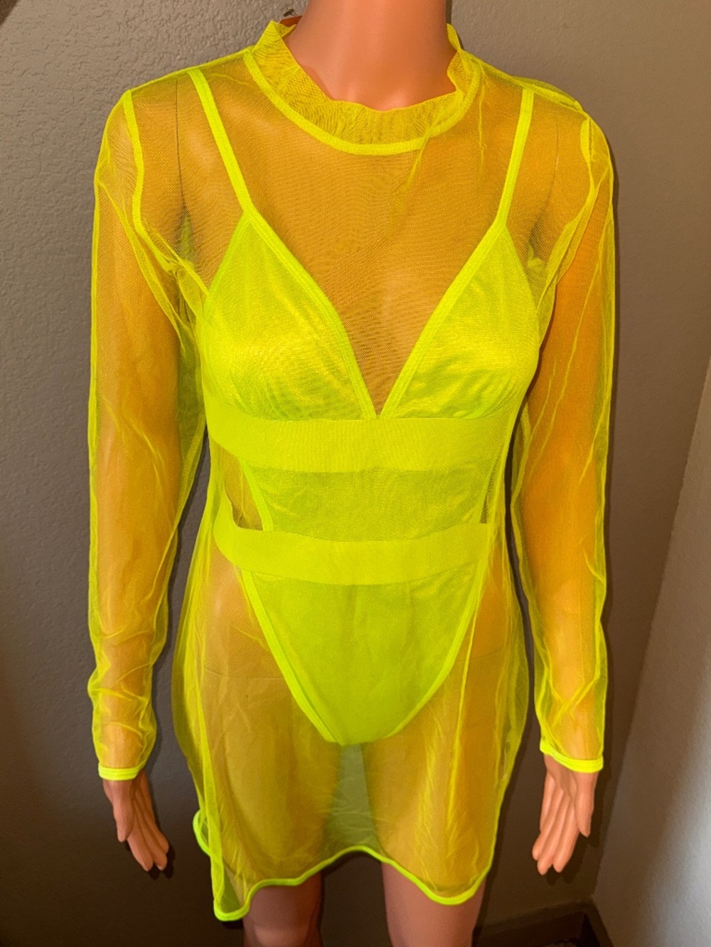 Neon Yellow 2 Piece Swimsuit Set with Sheer Mesh Cover Up | Bikini Beachwear
